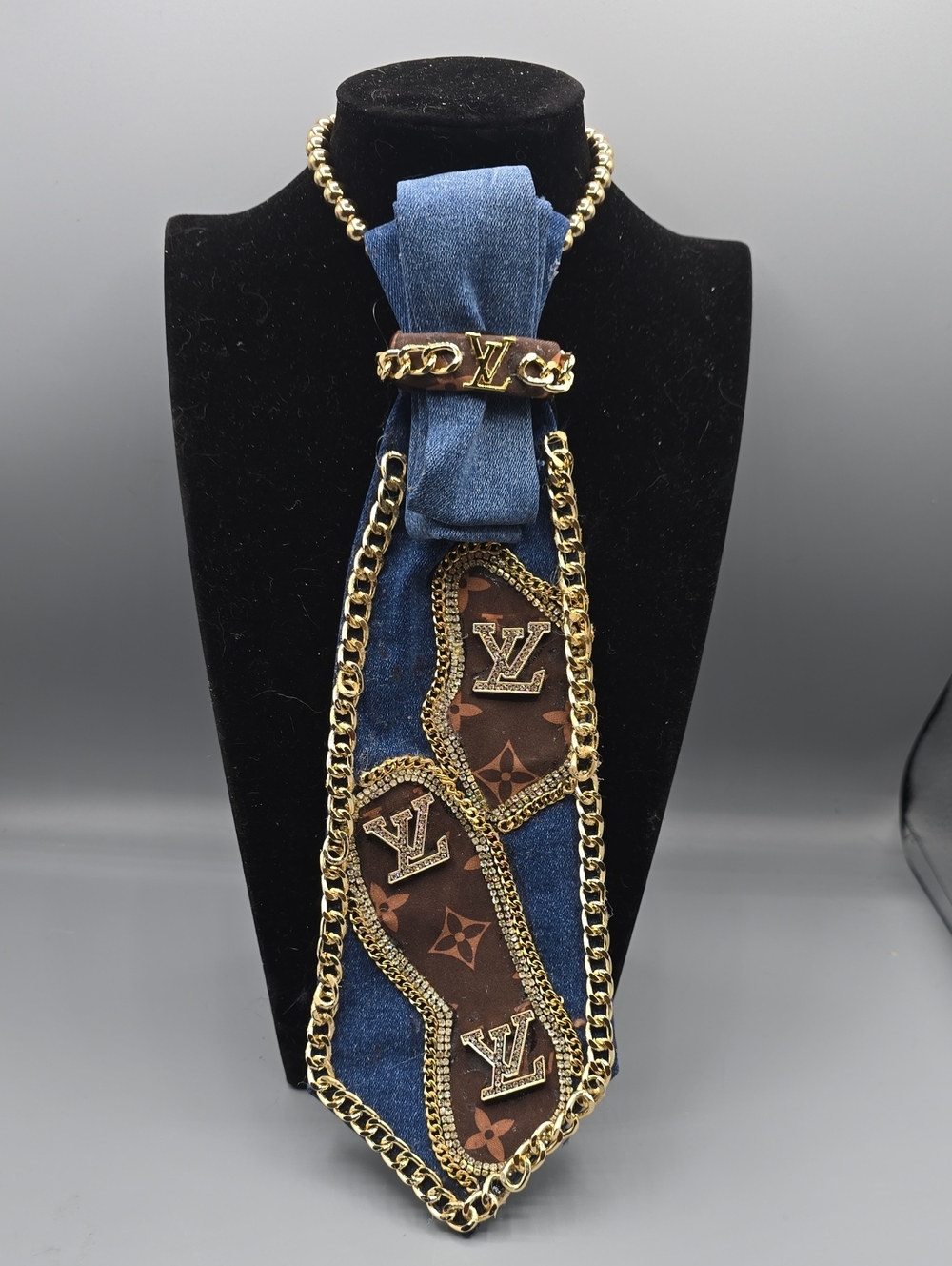 Denim and Brown Monogram Gold-Trim Tie Necklace